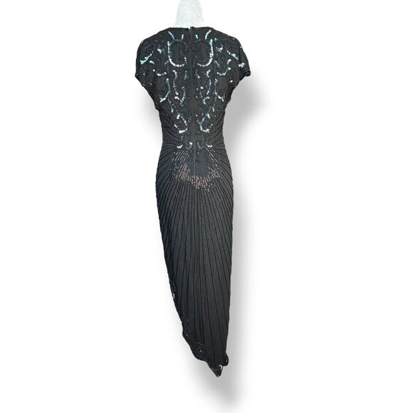 Vintage 80s Black Beaded Sequin Evening Gown Asymmetrical Hem Dress Column Maxi - Picture 10 of 10
